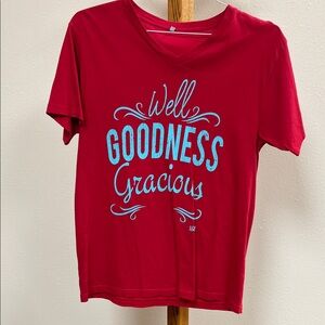 Source Unknown Vibrant Red Tee with Sky Blue Text